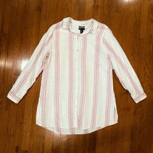 Jones New York JNY 100% Linen Striped Button Tunic Shirt Womens XL White Pink